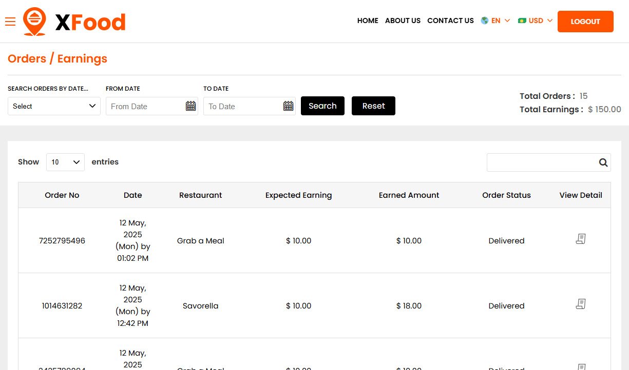 Driver Orders / Earnings